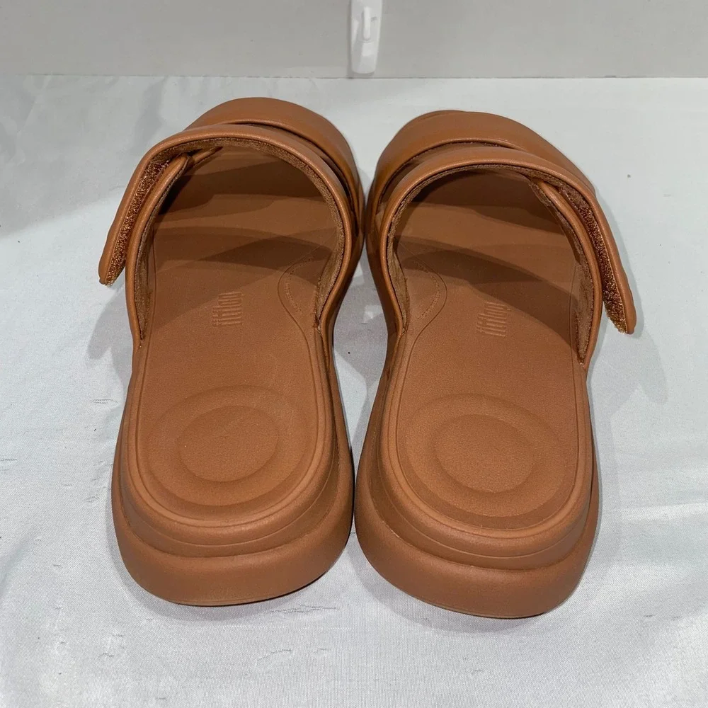 FitFlop F-Mode Go Adjustable Flatform Two-Bar Slides Deep Tan IW2-C15 Womens 10